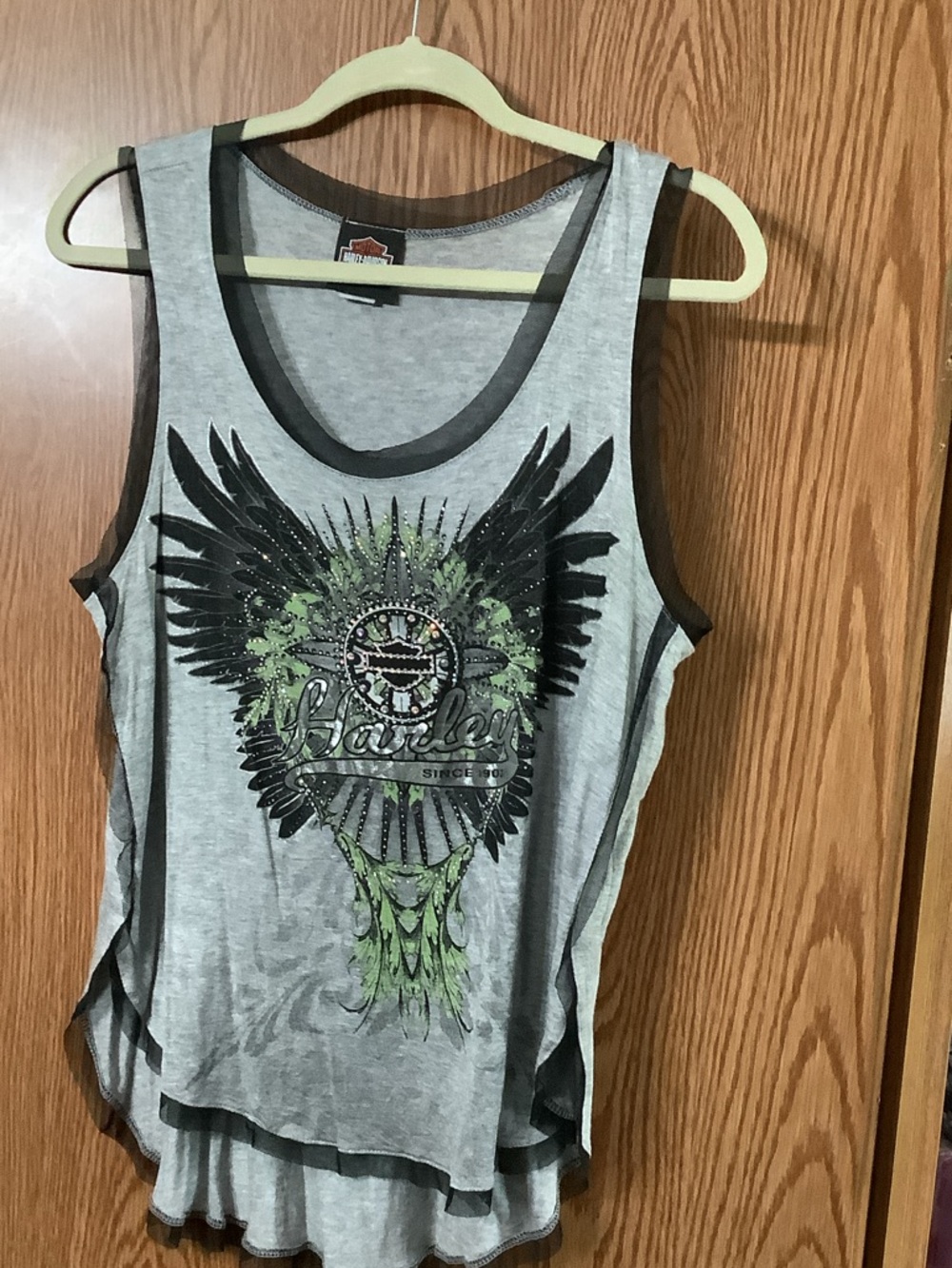 Harley-Davidson Gray Tank Top with Black Trim and Green Graphic
